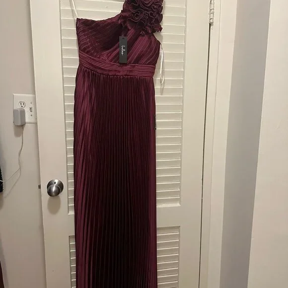 Radiant Affair Plum Purple Satin Pleated One-Shoulder Maxi Dress - Picture 3 of 5